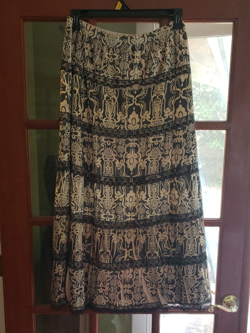 new directions Black and Cream Tiered Lace-Trim Maxi Skirt